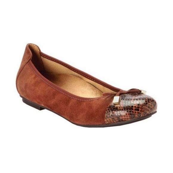 Vionic Spark Minna Brown Suede Leather Snakeskin Cap Toe Bow Ballet Flat 7.5 - Picture 1 of 9